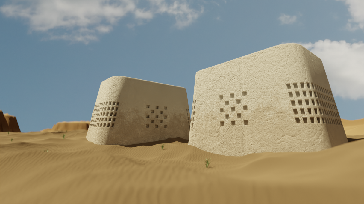 3D render of two concrete monuments in the middle of a large desert canyon.